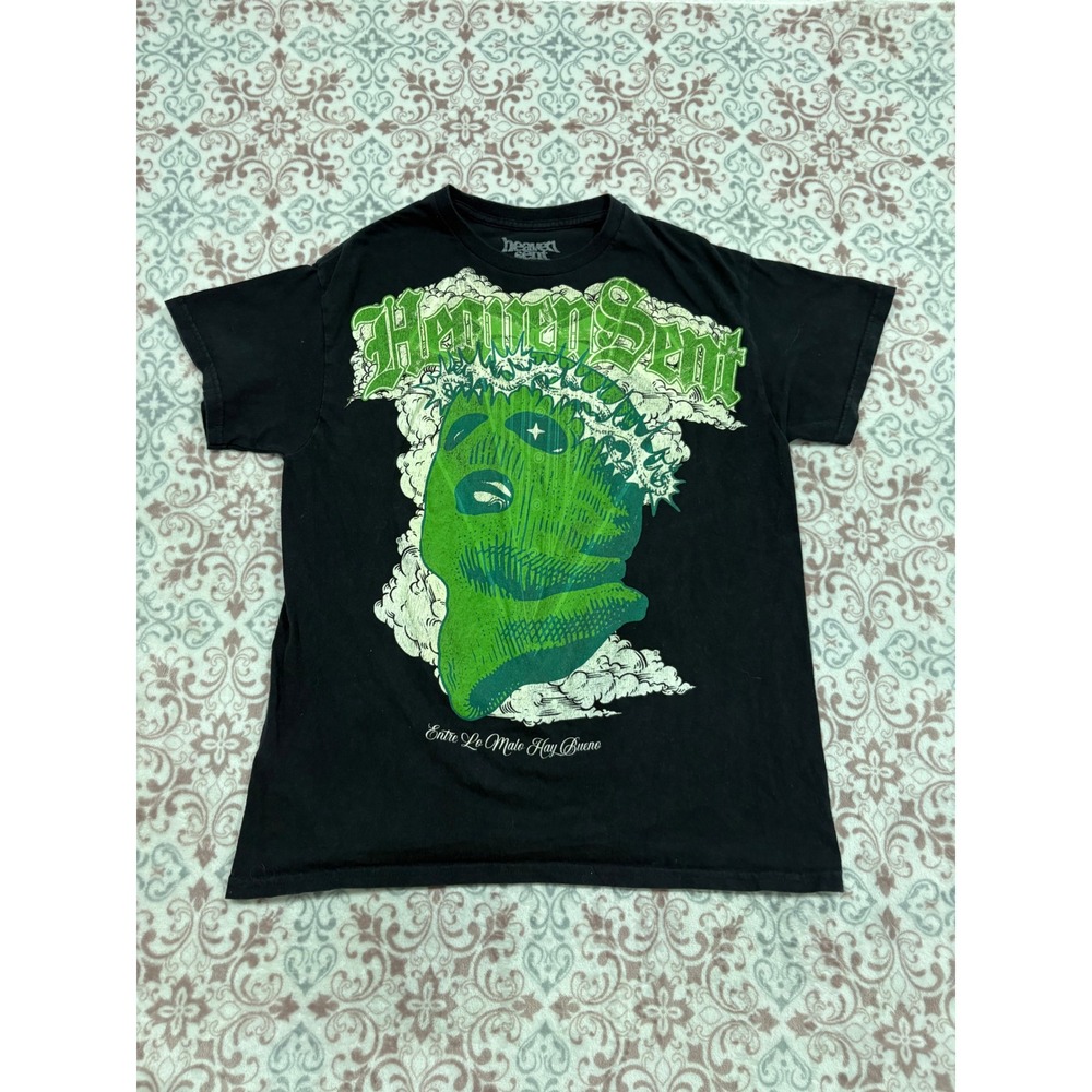Heaven Sent Men Black Graphic T-Shirt Green Balaclava Streetwear Small
